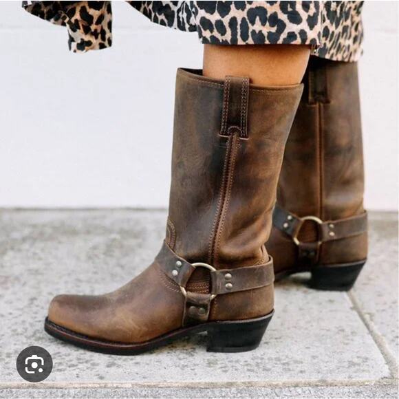 Frye Vintage Brown Leather Square Toe Harness Boots Size 10 - Picture 1 of 12